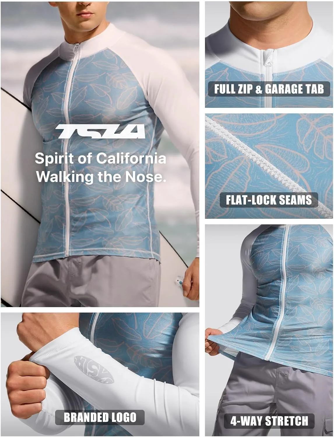 TSLA Men's Long Sleeve Zip Rash Guard, UPF50  UV/Sun Protection Quick Dry Swim Shirts