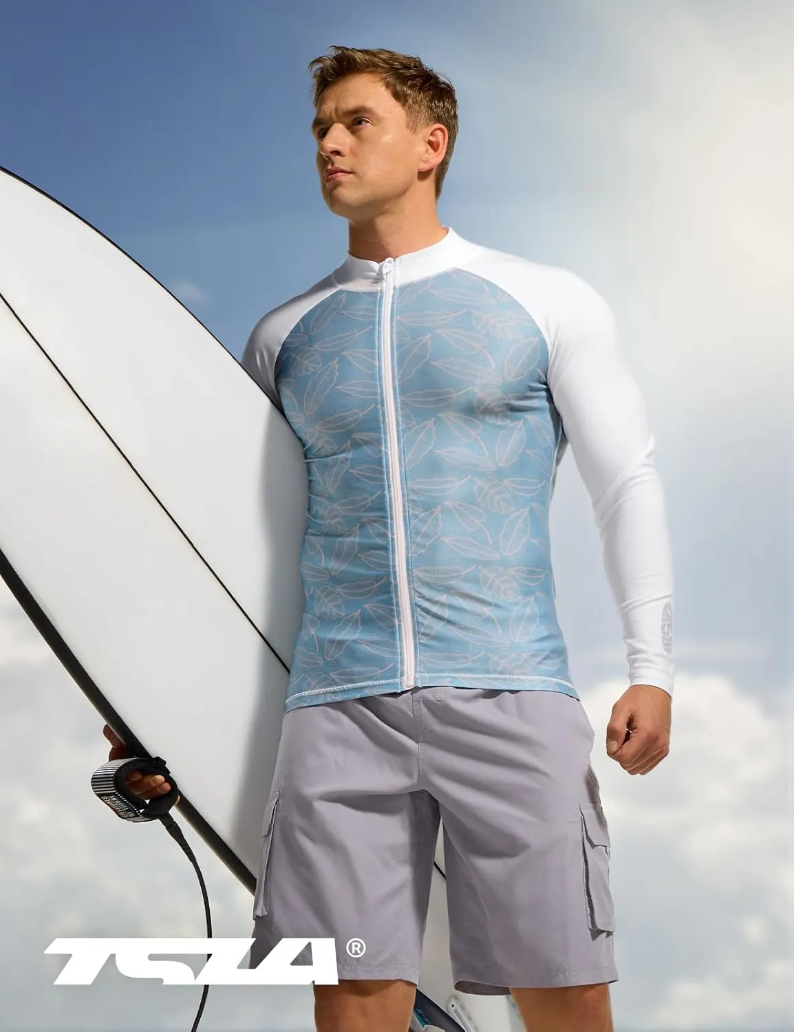 TSLA Men's Long Sleeve Zip Rash Guard, UPF50  UV/Sun Protection Quick Dry Swim Shirts