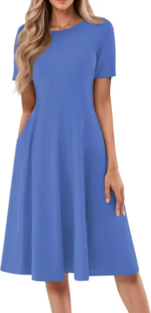 TWGONE Women's Fit and Flare Dress Summer Short Sleeve Casual Elegant Vintage Floral A-Line Midi Dresses with Pockets