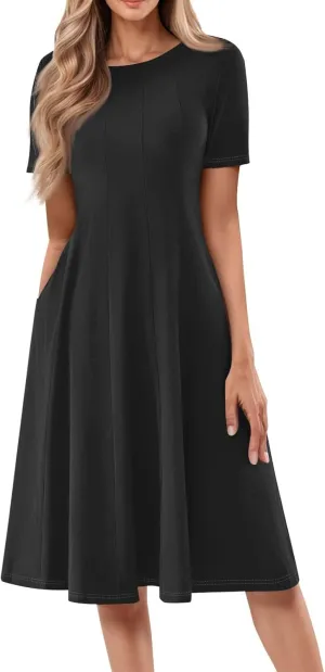 TWGONE Women's Fit and Flare Dress Summer Short Sleeve Casual Elegant Vintage Floral A-Line Midi Dresses with Pockets