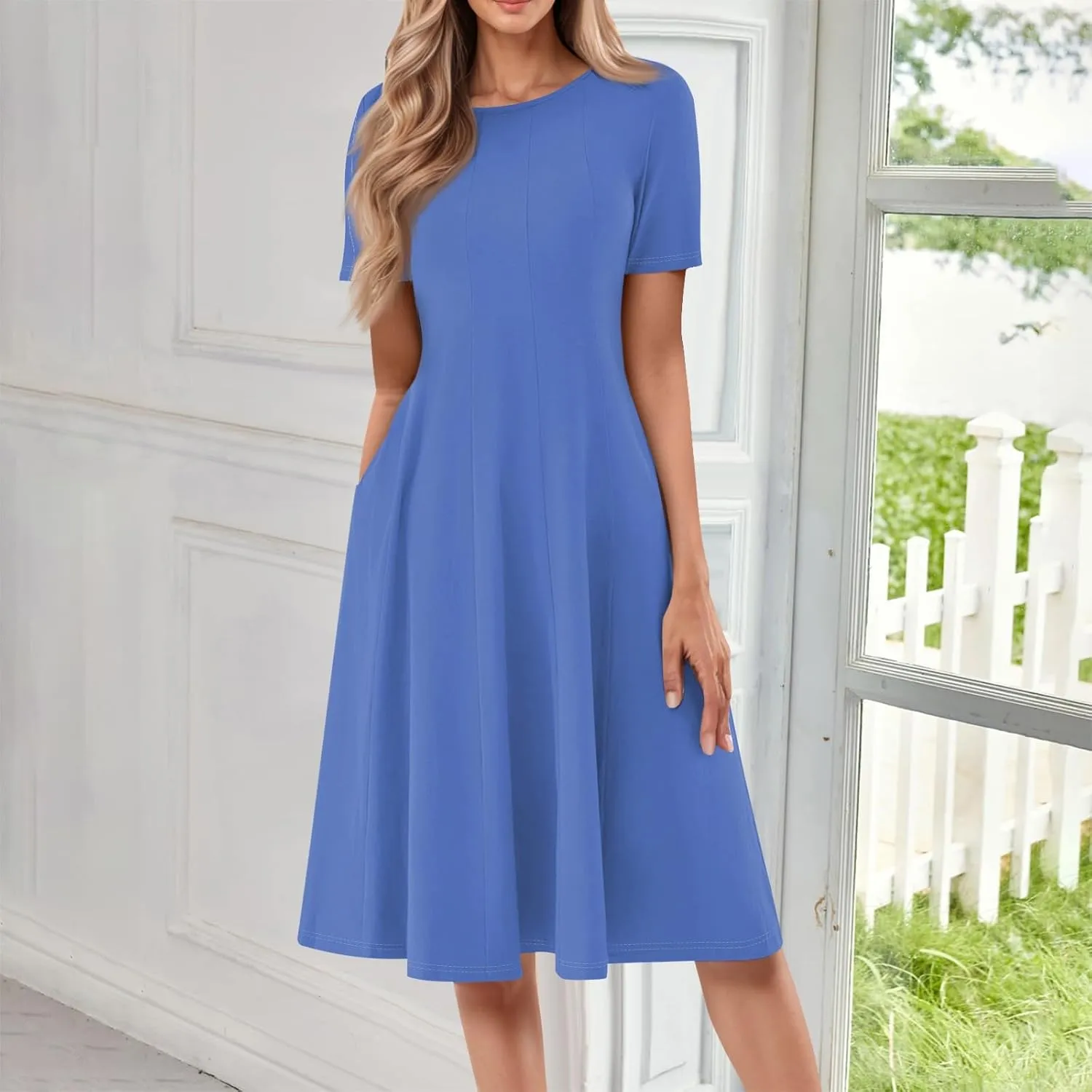 TWGONE Women's Fit and Flare Dress Summer Short Sleeve Casual Elegant Vintage Floral A-Line Midi Dresses with Pockets