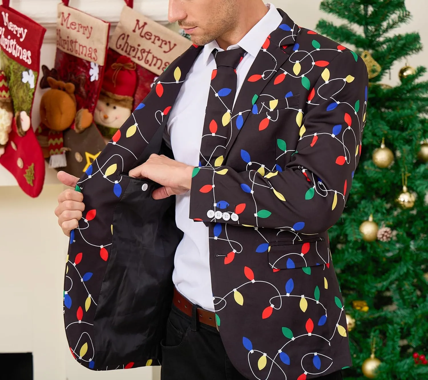 uideazone Men's Christmas Blazer Suit 3D Printed Tuxedo Jacket Xmas Party Sports Coat with Tie for Dinner,Prom,Wedding