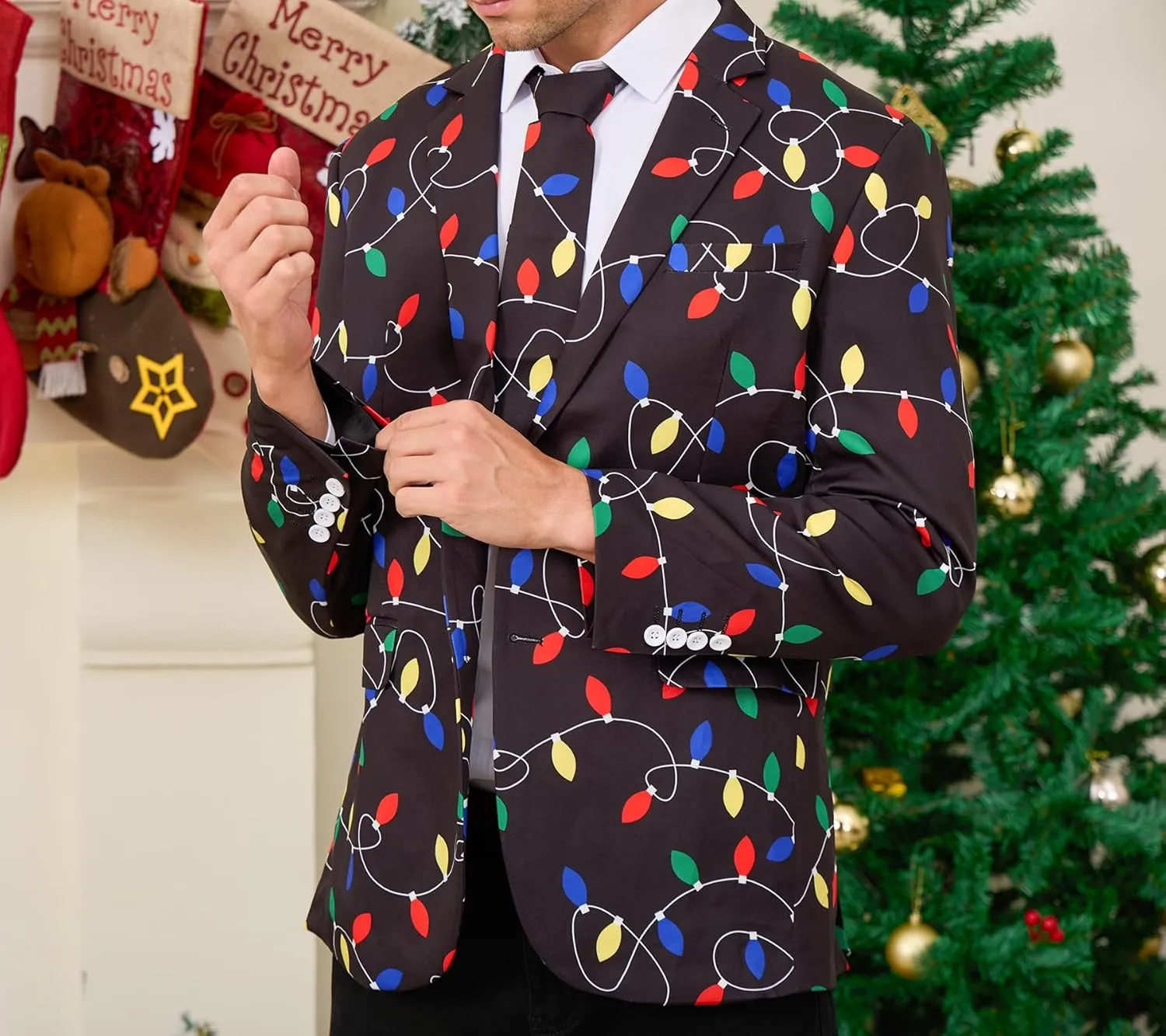 uideazone Men's Christmas Blazer Suit 3D Printed Tuxedo Jacket Xmas Party Sports Coat with Tie for Dinner,Prom,Wedding