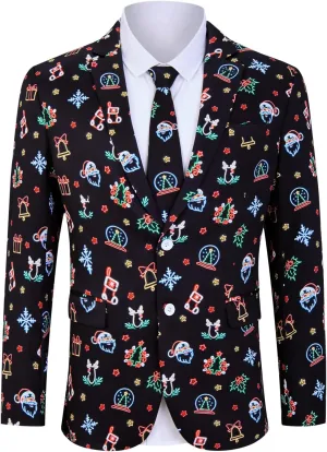 uideazone Men's Christmas Blazer Suit 3D Printed Tuxedo Jacket Xmas Party Sports Coat with Tie for Dinner,Prom,Wedding
