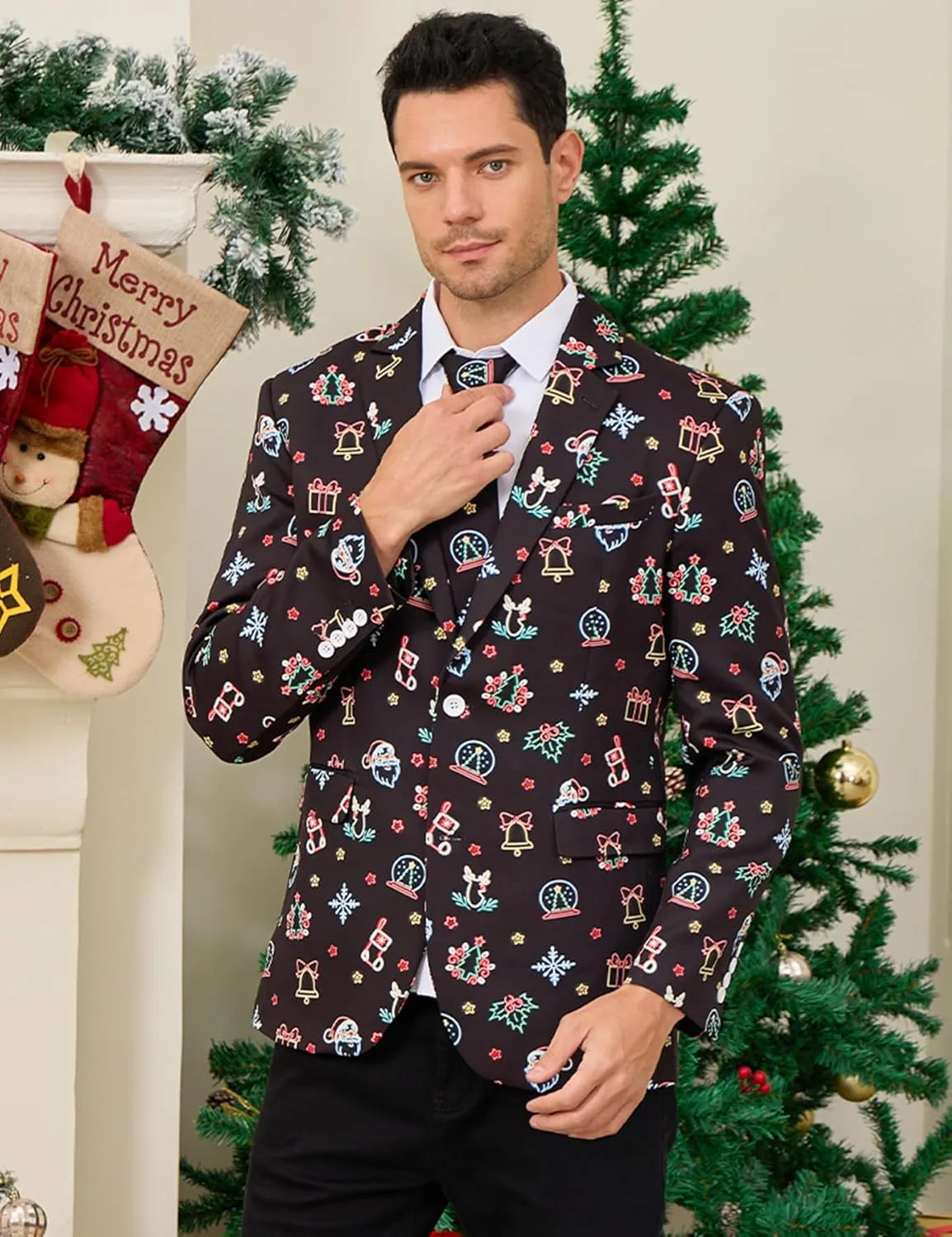 uideazone Men's Christmas Blazer Suit 3D Printed Tuxedo Jacket Xmas Party Sports Coat with Tie for Dinner,Prom,Wedding