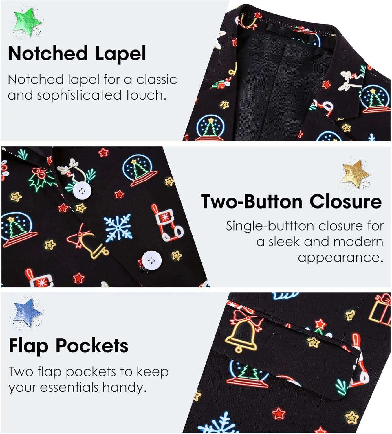 uideazone Men's Christmas Blazer Suit 3D Printed Tuxedo Jacket Xmas Party Sports Coat with Tie for Dinner,Prom,Wedding