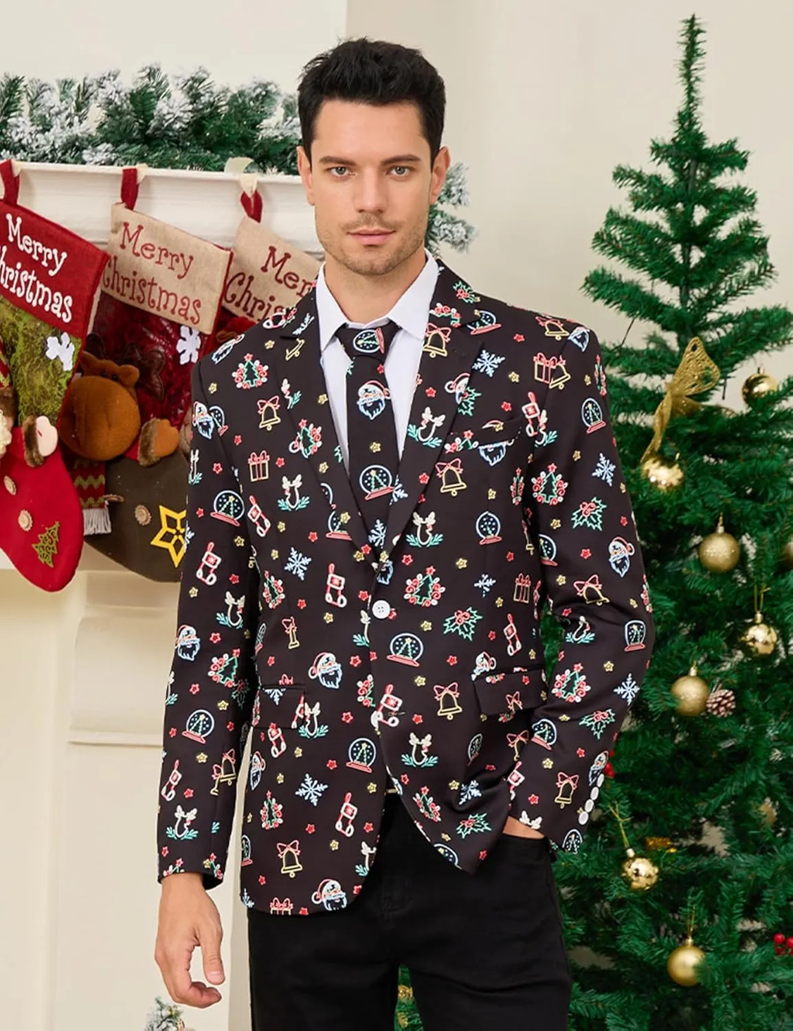 uideazone Men's Christmas Blazer Suit 3D Printed Tuxedo Jacket Xmas Party Sports Coat with Tie for Dinner,Prom,Wedding