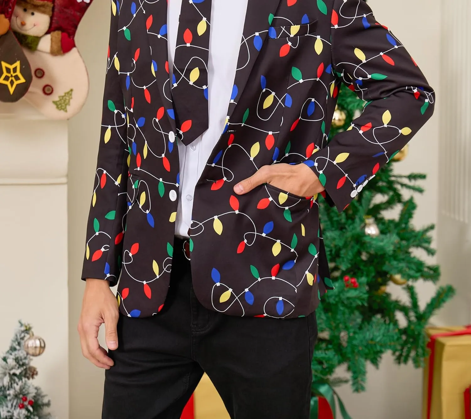 uideazone Men's Christmas Blazer Suit 3D Printed Tuxedo Jacket Xmas Party Sports Coat with Tie for Dinner,Prom,Wedding