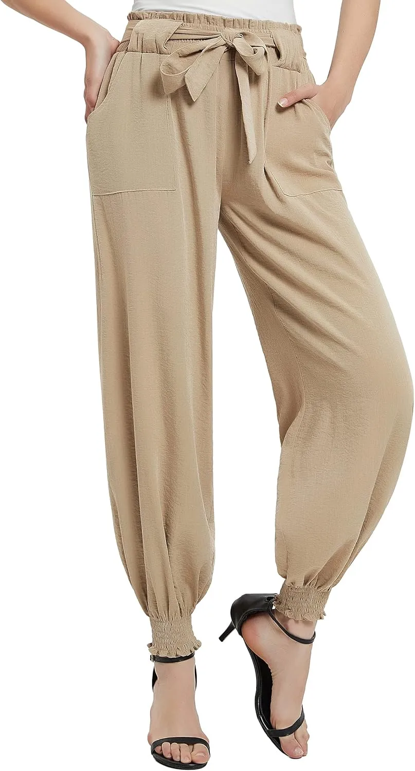 Urban CoCo Women's Paper Bag High Waist Belted Ruffle Work Pants with Pockets