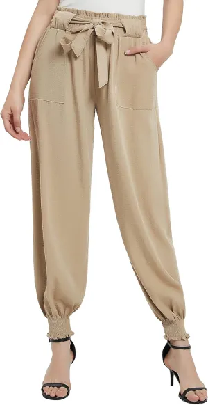 Urban CoCo Women's Paper Bag High Waist Belted Ruffle Work Pants with Pockets