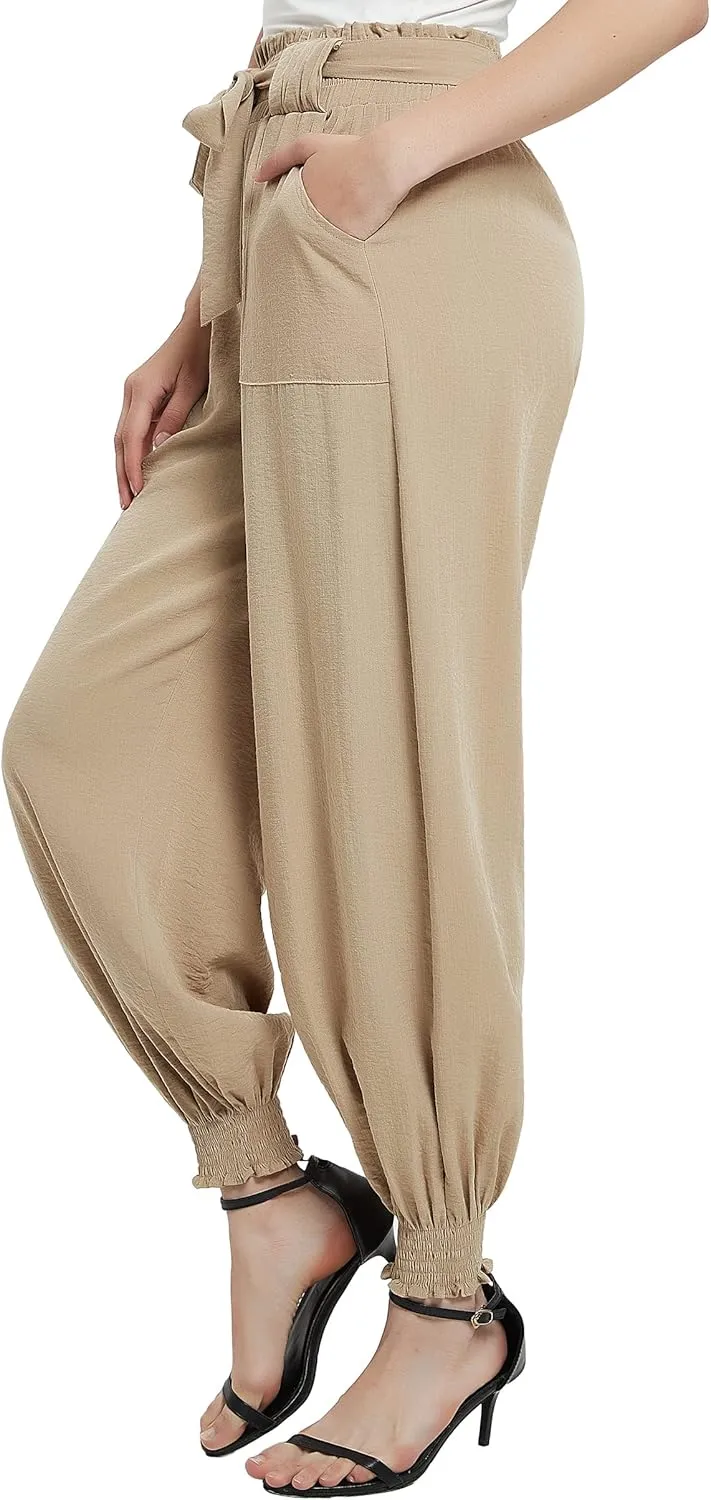 Urban CoCo Women's Paper Bag High Waist Belted Ruffle Work Pants with Pockets