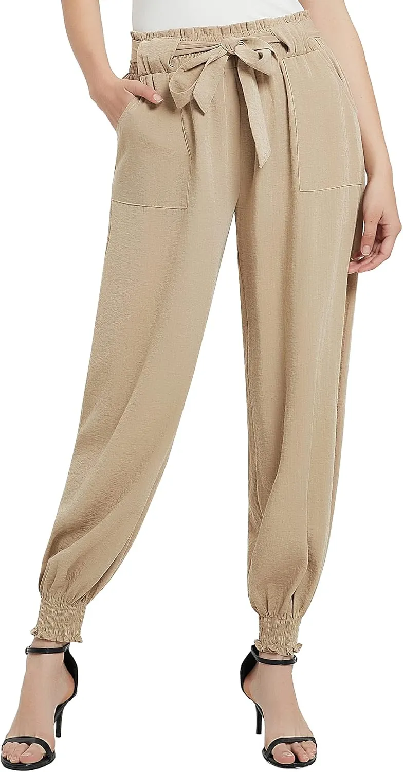 Urban CoCo Women's Paper Bag High Waist Belted Ruffle Work Pants with Pockets