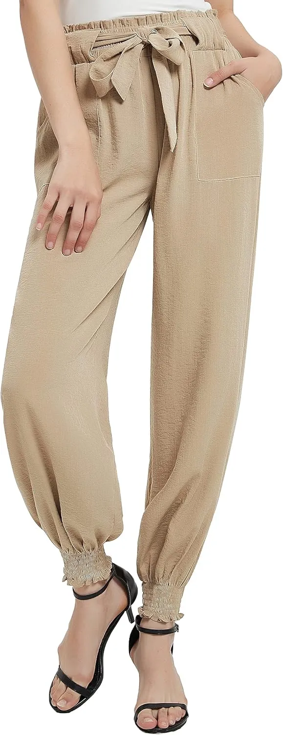 Urban CoCo Women's Paper Bag High Waist Belted Ruffle Work Pants with Pockets