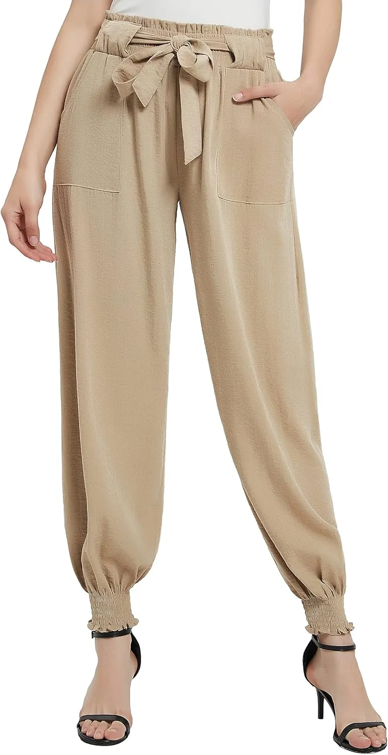 Urban CoCo Women's Paper Bag High Waist Belted Ruffle Work Pants with Pockets