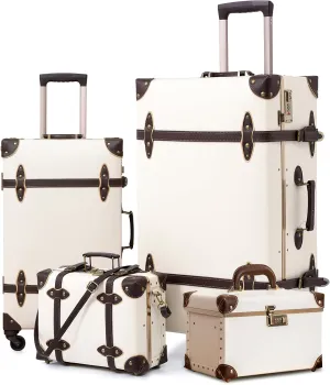 urecity Vintage Luggage Sets of 3 Piece - Hardside Lightweight Spinner Suitcases - Retro Travel Set includes Under Seat Train Case, Cosmetic Train Case, Holy White