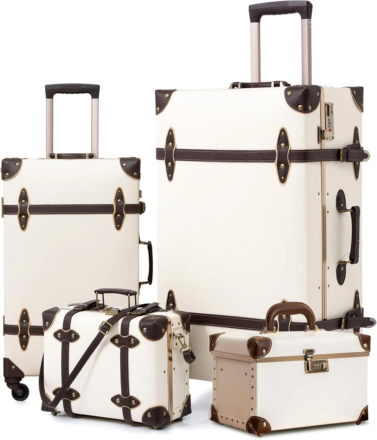 urecity Vintage Luggage Sets of 3 Piece - Hardside Lightweight Spinner Suitcases - Retro Travel Set includes Under Seat Train Case, Cosmetic Train Case, Holy White