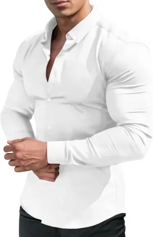 URRU Men's Muscle Dress Shirts Slim Fit Stretch Long&Short Sleeve Casual Button Down Shirt