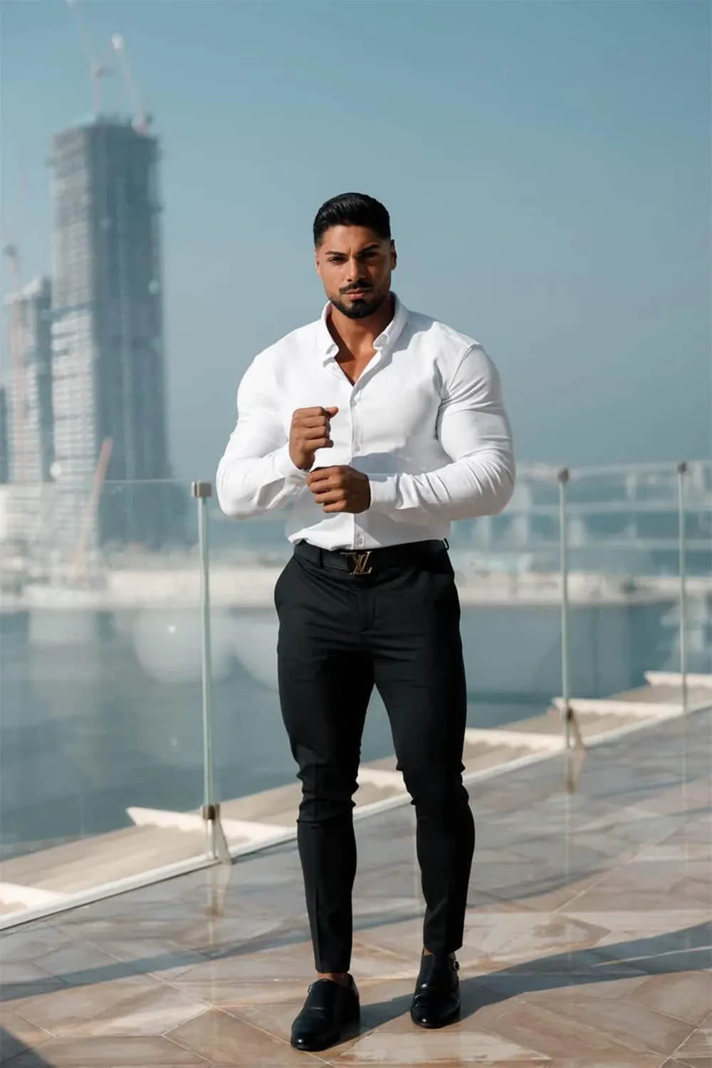 URRU Men's Muscle Dress Shirts Slim Fit Stretch Long&Short Sleeve Casual Button Down Shirt
