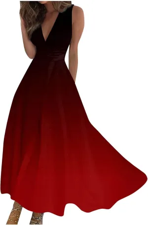 Vacation Dresses for Women, Summer Beach Plus Size V-Neck Sleeveless Fashion Dress Flowy Floral Printing Long Dresses