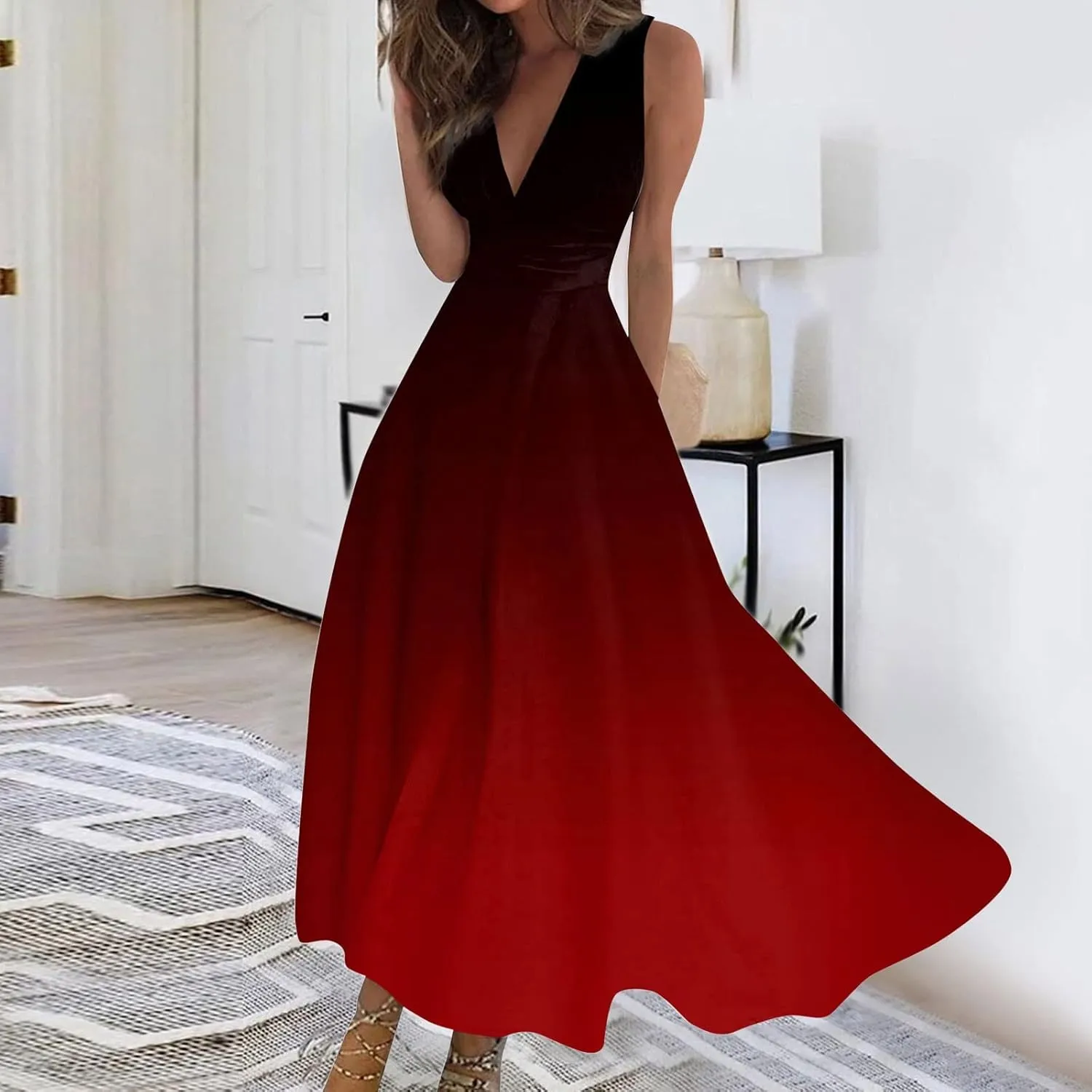 Vacation Dresses for Women, Summer Beach Plus Size V-Neck Sleeveless Fashion Dress Flowy Floral Printing Long Dresses