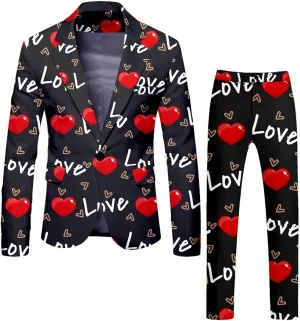 Valentine's Day Suit for Men Heart Printing 2 Piece One Button Peak Lapel Suit Jacket Wedding Prom Dress Outfit