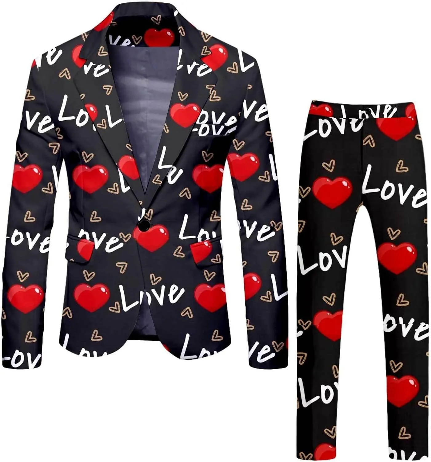 Valentine's Day Suit for Men Heart Printing 2 Piece One Button Peak Lapel Suit Jacket Wedding Prom Dress Outfit