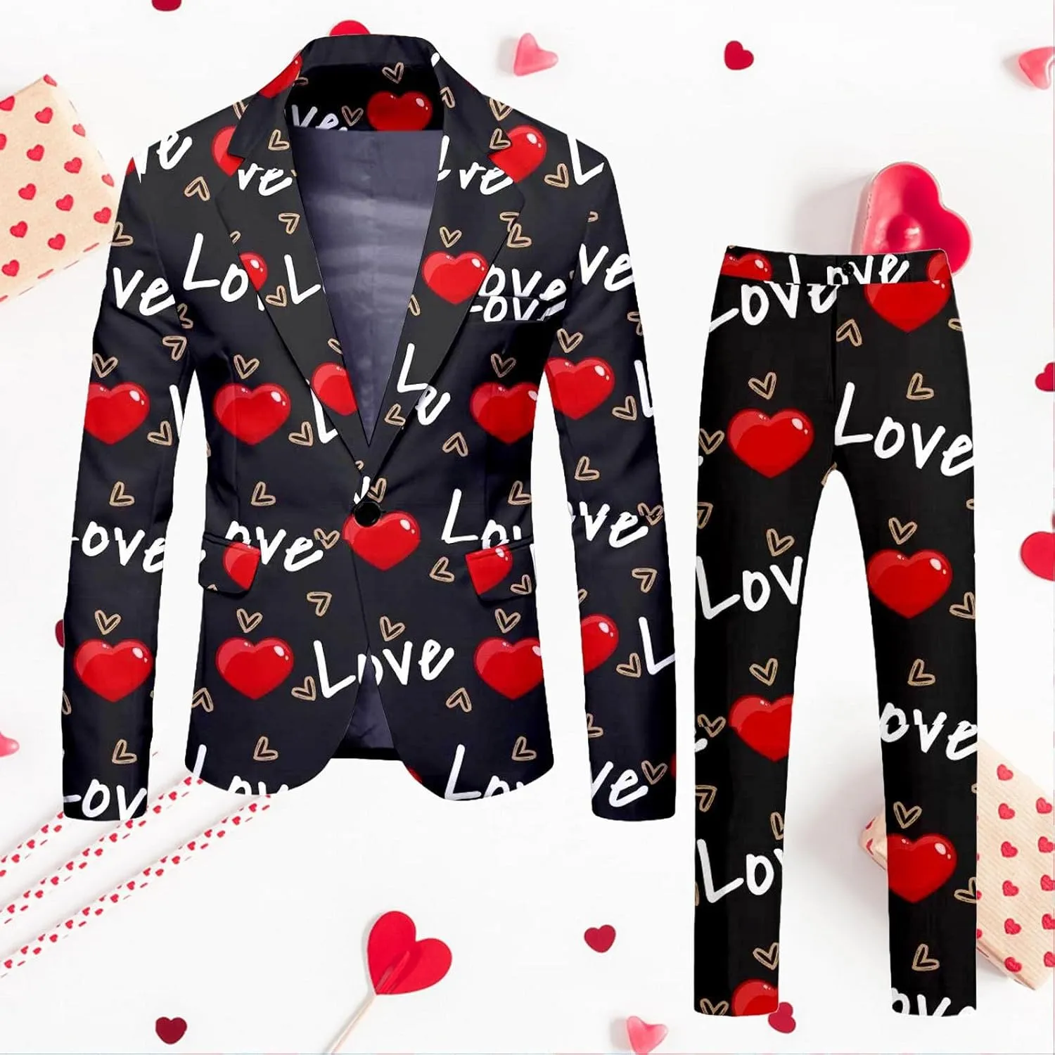 Valentine's Day Suit for Men Heart Printing 2 Piece One Button Peak Lapel Suit Jacket Wedding Prom Dress Outfit