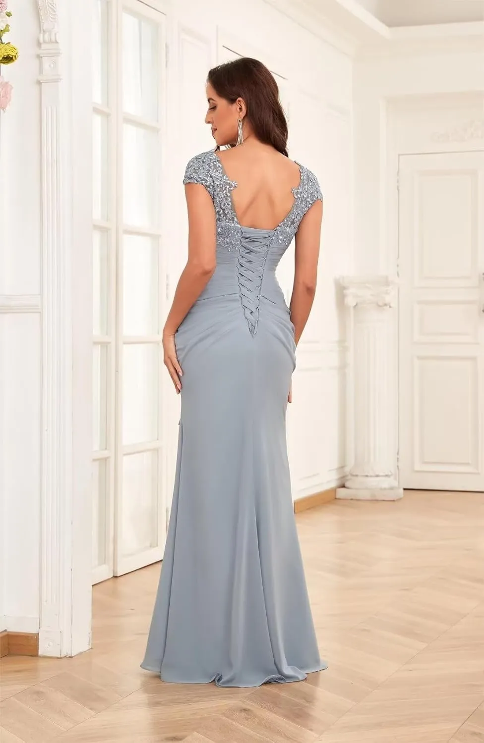 VCCICANY Cap Sleeves Mermaid Lace Mother of The Bride Dresses for Wedding Ruffle Chiffon Formal Evening Gown