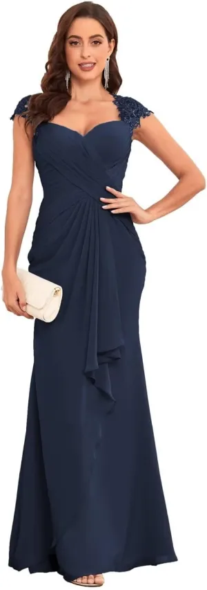 VCCICANY Cap Sleeves Mermaid Lace Mother of The Bride Dresses for Wedding Ruffle Chiffon Formal Evening Gown