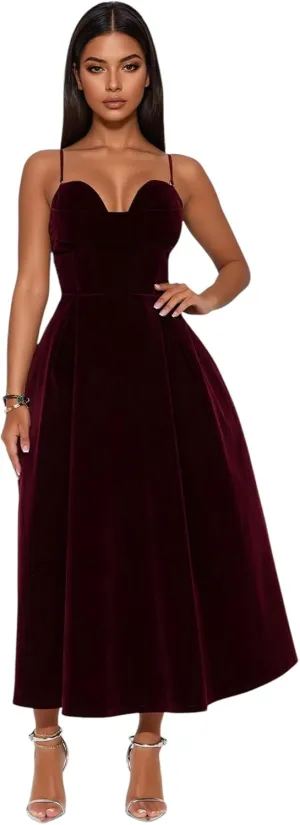 Velvet Evening Gown, Sweetheart Neckline, A-Line Tea Length Dress, Burgundy