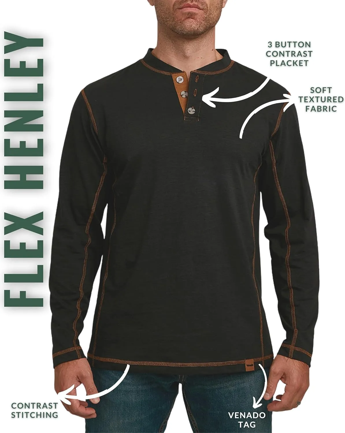 Venado Henley Long Sleeve Shirts for Men - Mens Henley with Flex Material