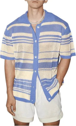 Verdusa Men's Casual Button Down Knit Shirts Hollow Out Short Sleeve Knit Tops