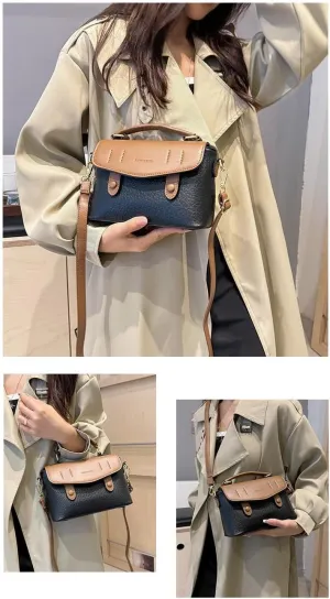Vintage Style Satchel Purse Small Square Bag, Two-Tone Color Contrast PU Leather Handbag
