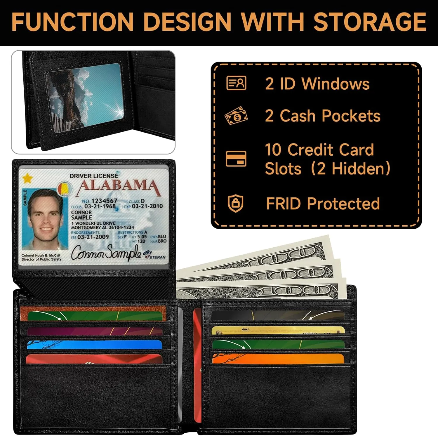 Wallet for Men RFID Blocking Credit Card Holder, Leather Bifold Slim Compact Minimalist Mens Wallet Money Clip with ID Window 10 Credit Card Slots