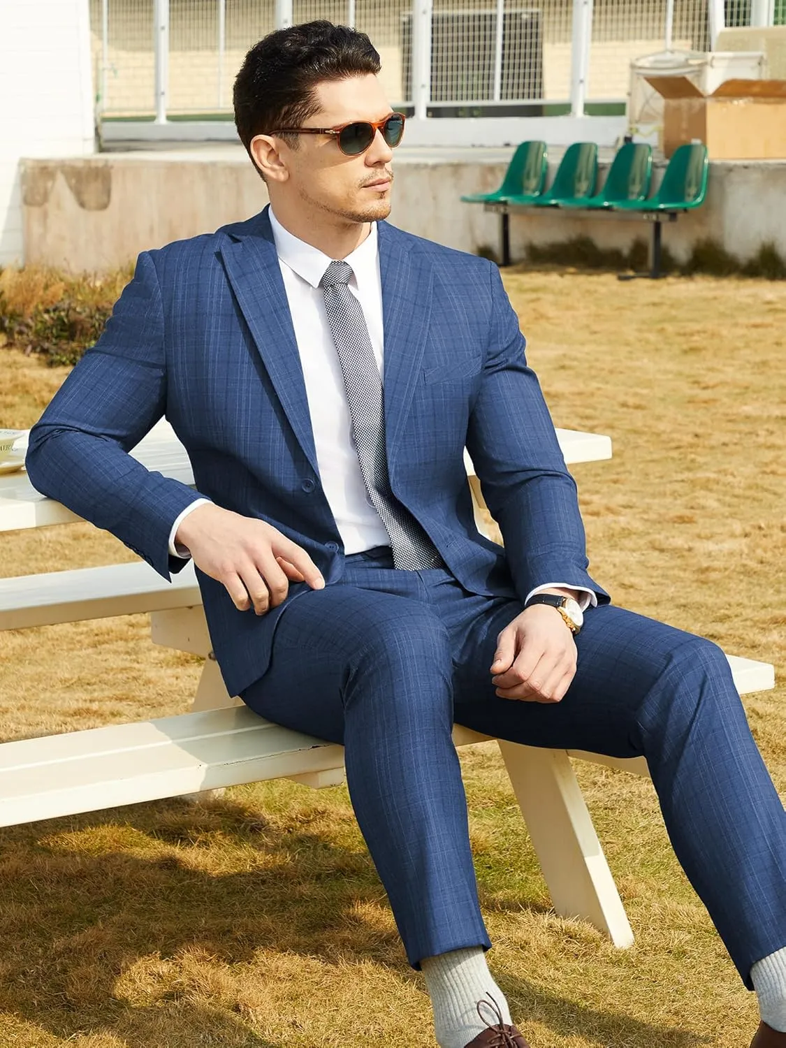 WEEN CHARM Men's 2 Piece Slim Fit Plaid Suit Business Casual Blazer Pants Set for Formal Wedding Prom Office Party