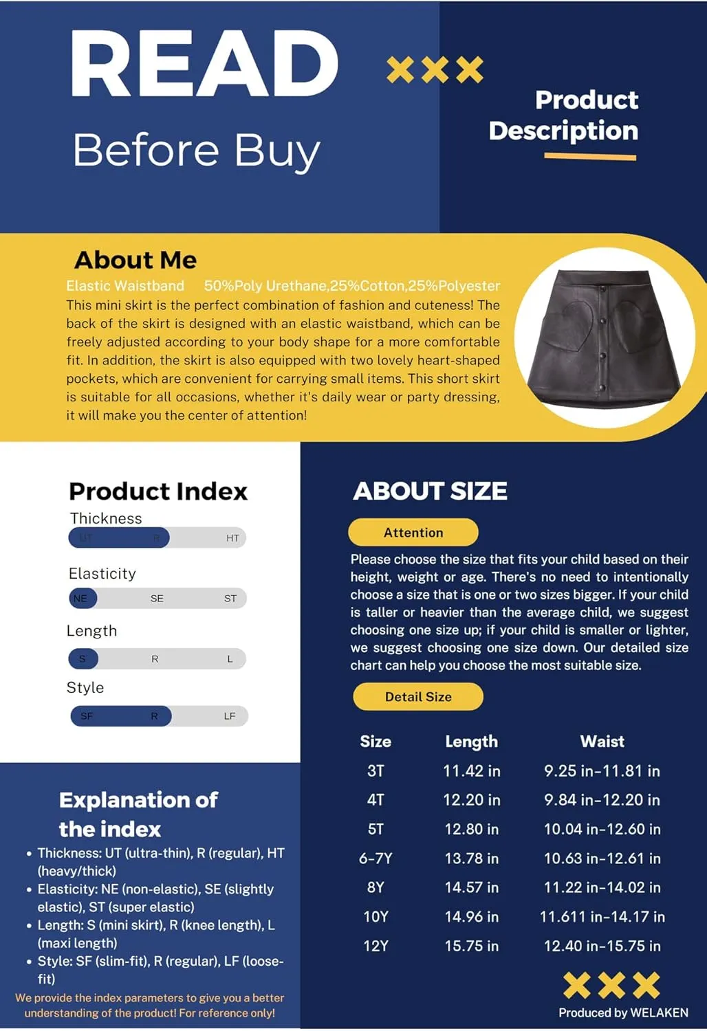 WELAKEN Faux Leather Skirt for Girls Toddler & Kids II Girl's A Line Skirt with Two Front Pockets