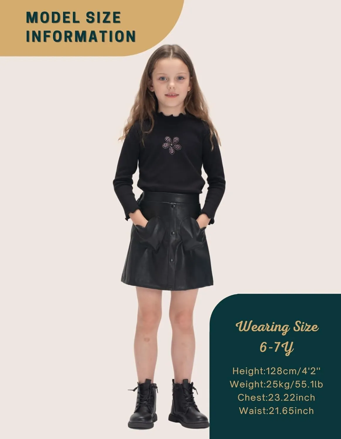 WELAKEN Faux Leather Skirt for Girls Toddler & Kids II Girl's A Line Skirt with Two Front Pockets