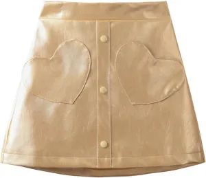 WELAKEN Faux Leather Skirt for Girls Toddler & Kids II Girl's A Line Skirt with Two Front Pockets
