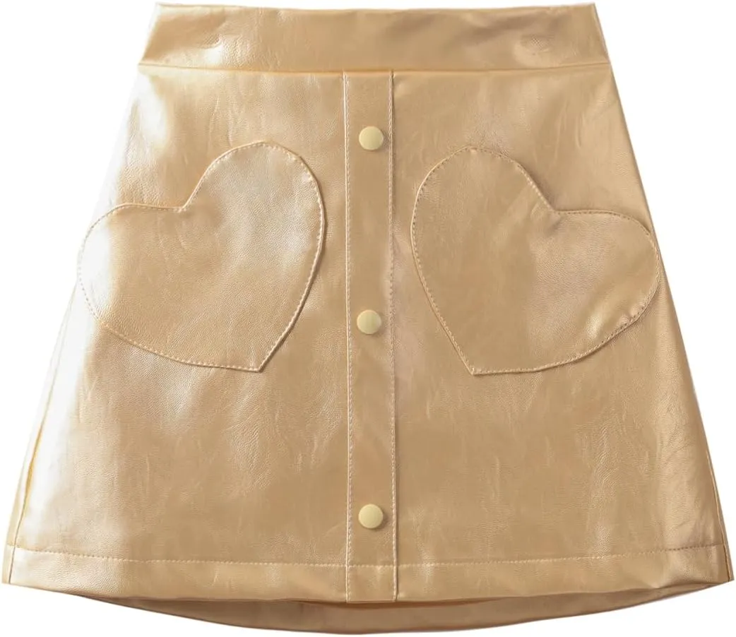 WELAKEN Faux Leather Skirt for Girls Toddler & Kids II Girl's A Line Skirt with Two Front Pockets