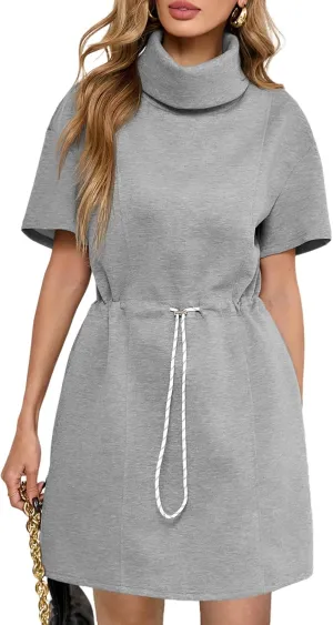 Wenrine Womens Sweatshirt Dress Drawstring Waist Short Sleeve High Neck Casual Mini Dress with Pockets