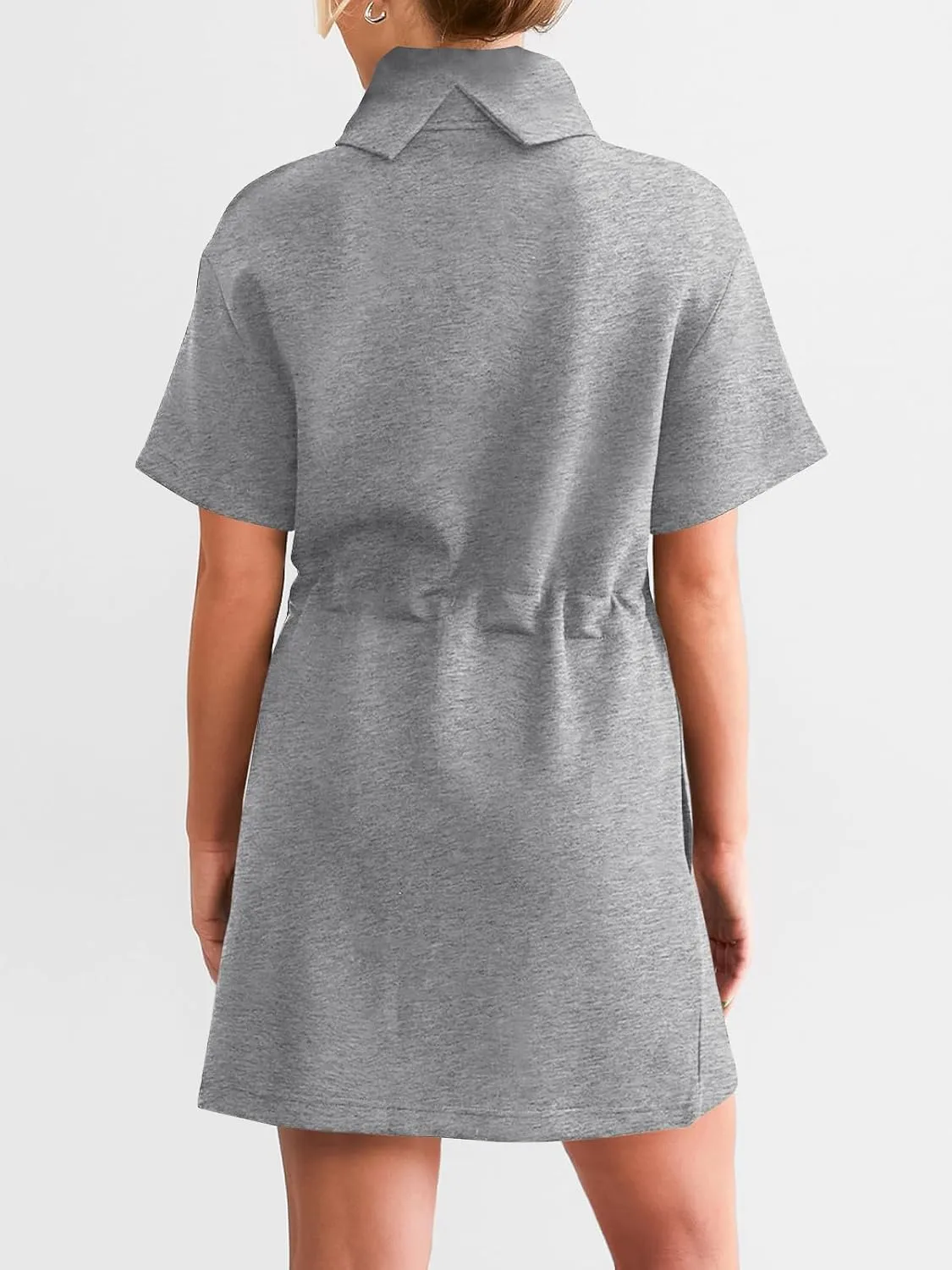 Wenrine Womens Sweatshirt Dress Drawstring Waist Short Sleeve High Neck Casual Mini Dress with Pockets