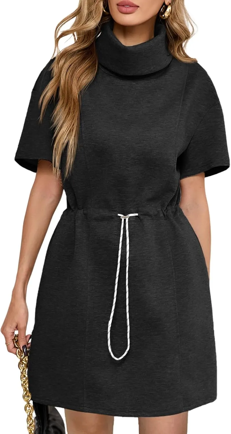 Wenrine Womens Sweatshirt Dress Drawstring Waist Short Sleeve High Neck Casual Mini Dress with Pockets