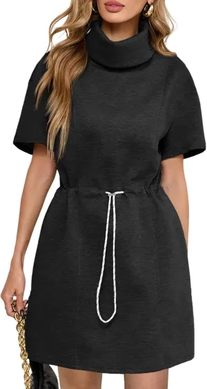 Wenrine Womens Sweatshirt Dress Drawstring Waist Short Sleeve High Neck Casual Mini Dress with Pockets