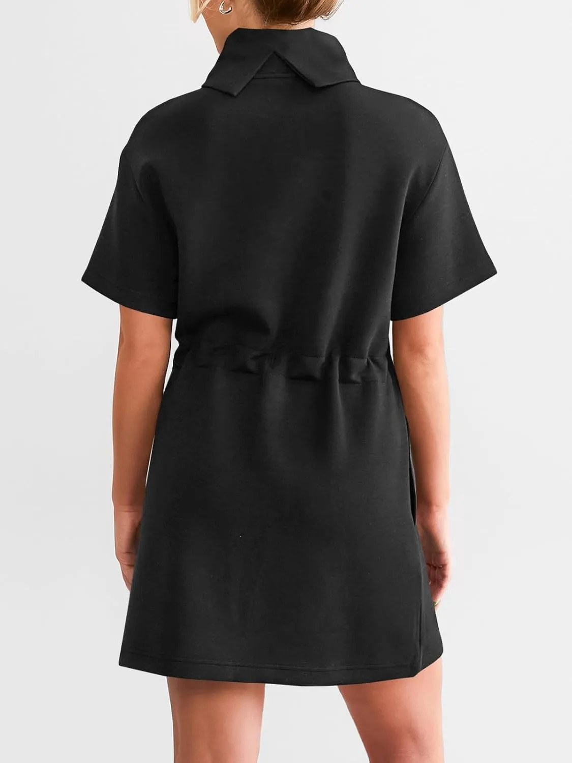 Wenrine Womens Sweatshirt Dress Drawstring Waist Short Sleeve High Neck Casual Mini Dress with Pockets