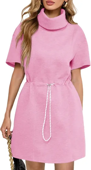 Wenrine Womens Sweatshirt Dress Drawstring Waist Short Sleeve High Neck Casual Mini Dress with Pockets