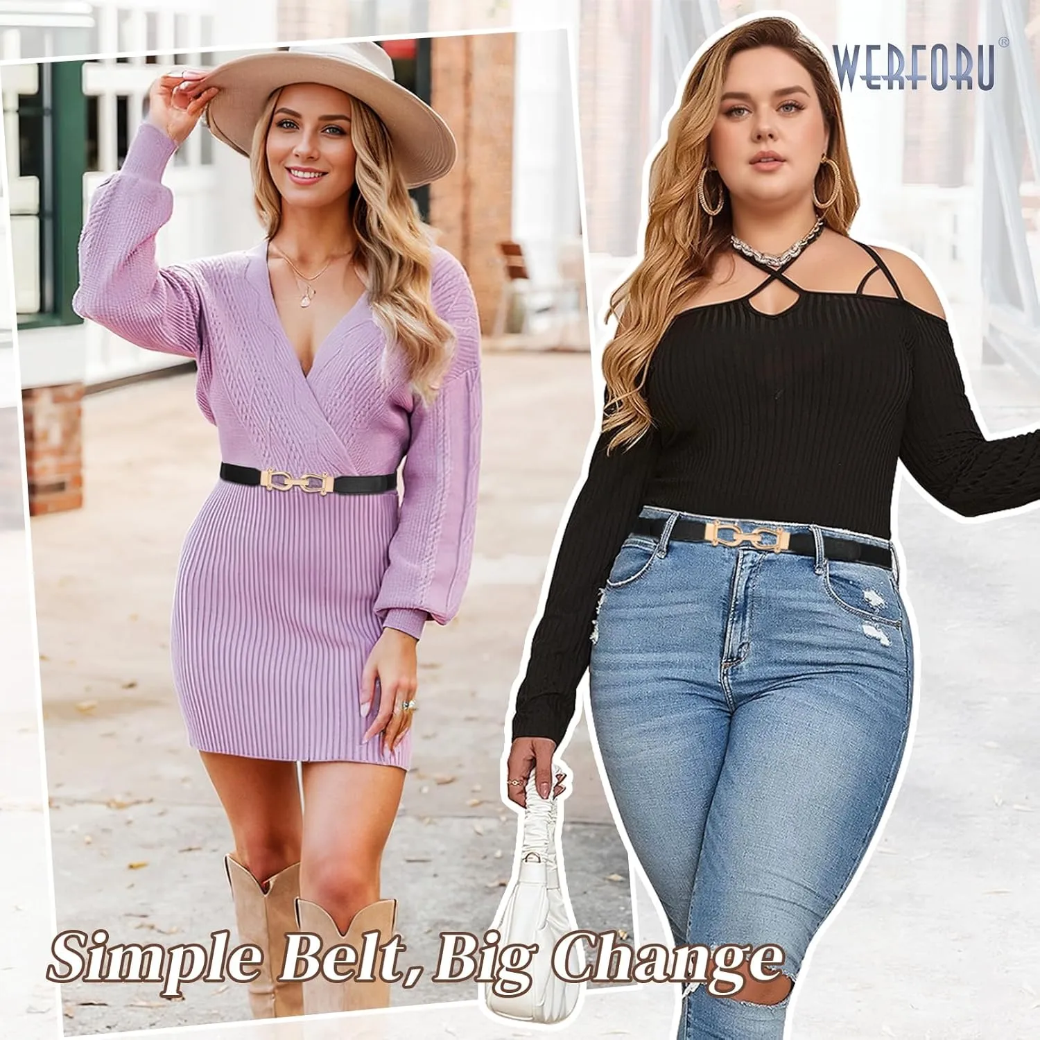 WERFORU 3 Pack Women Skinny Elastic Waist Belt Gold Buckle Stretchy Thin Belt for Jeans Dress