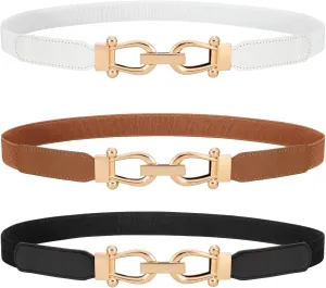 WERFORU 3 Pack Women Skinny Elastic Waist Belt Gold Buckle Stretchy Thin Belt for Jeans Dress