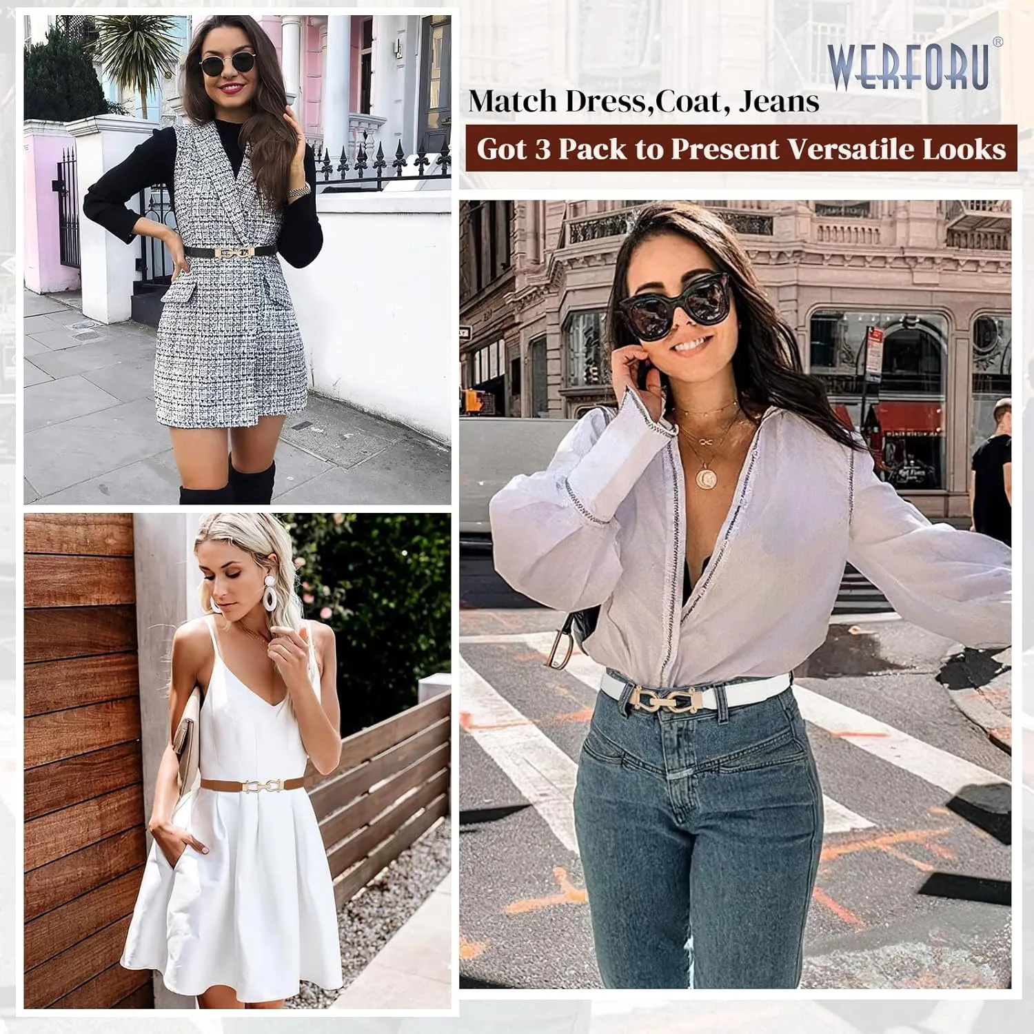 WERFORU 3 Pack Women Skinny Elastic Waist Belt Gold Buckle Stretchy Thin Belt for Jeans Dress