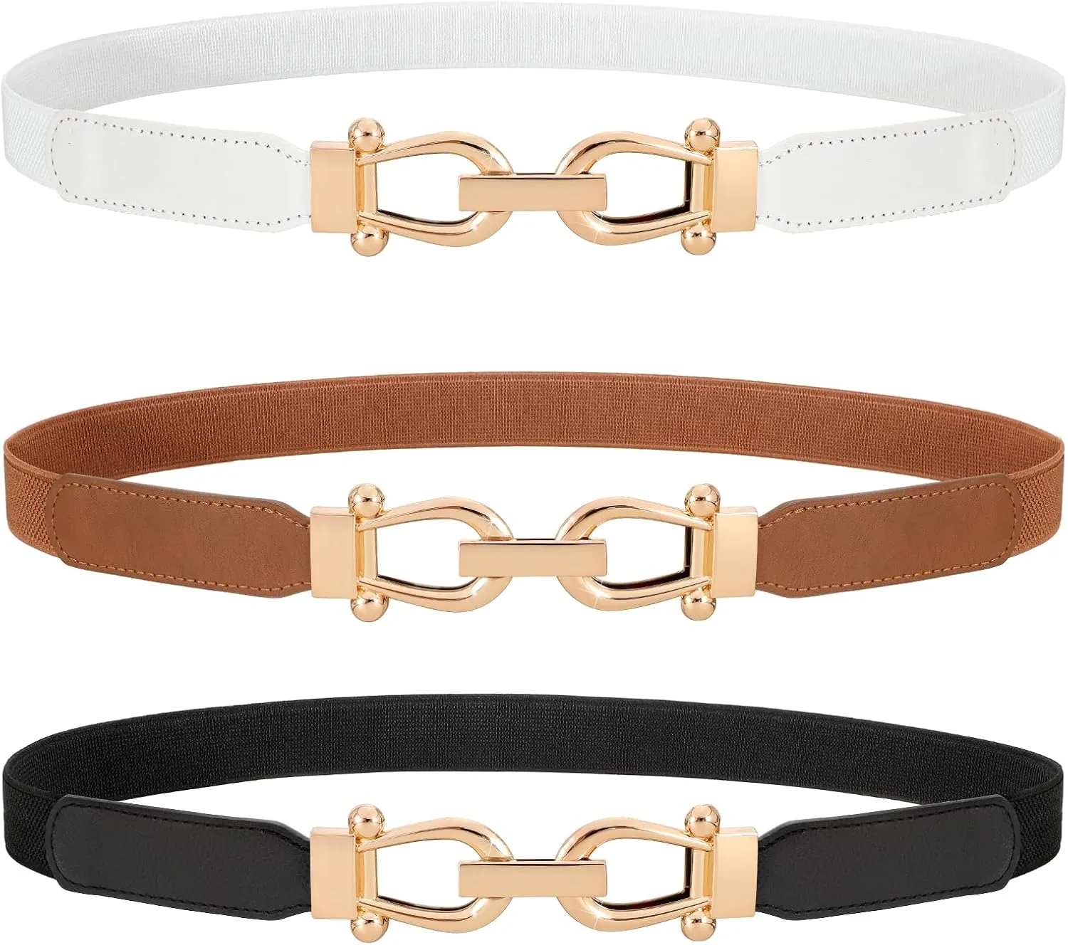 WERFORU 3 Pack Women Skinny Elastic Waist Belt Gold Buckle Stretchy Thin Belt for Jeans Dress