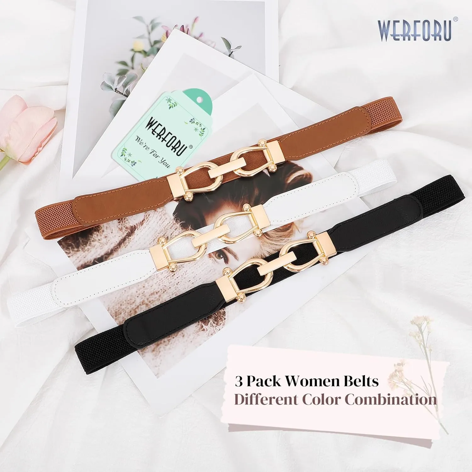 WERFORU 3 Pack Women Skinny Elastic Waist Belt Gold Buckle Stretchy Thin Belt for Jeans Dress